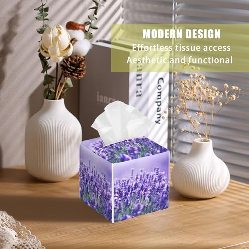 Lavender Flowers Tissue Box Cover Square, Tissue Box Holder with Bottom Belt Leather Facial Paper Organizer Dispenser for Bathroom Bedroom Dresser Night Stand Tabletop - color: Lavender Flowers