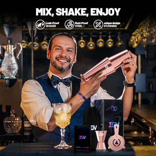 IOV Boston Cocktail Shaker Bar Set, Bartender Kit Drink Mixer Set with 18 oz & 28 oz Boston Shakers, Hawthorne Strainer, Double Jigger, Bar Tool Kit and Recipe Booklet - Rose Gold - color: 3 Pcs - Rose Gold