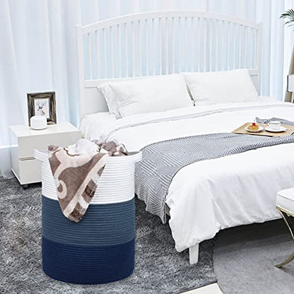 Cotton Rope Blanket Basket, 72L Tall Laundry Hamper, White & Blue | 16"x 22", Large Collapsible Woven Nursery Hamper with Sturdy Handles for Clothes Toys Towels, Bedroom Living Room Bathroom - color: White & Cadet Blue & Navy Blue, size: 72L (16"x22")