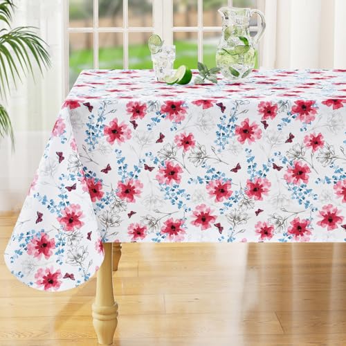 Rectangle Waterproof Vinyl Table Cloth, Wipeable Tablecloth with Flannel Backing, Plastic Table Cover for Dinner, Picnic, Indoor and Outdoor (Sketched Flower, 52" x 70") - color: Green and White, size: 70" x 52" (Rectangular)