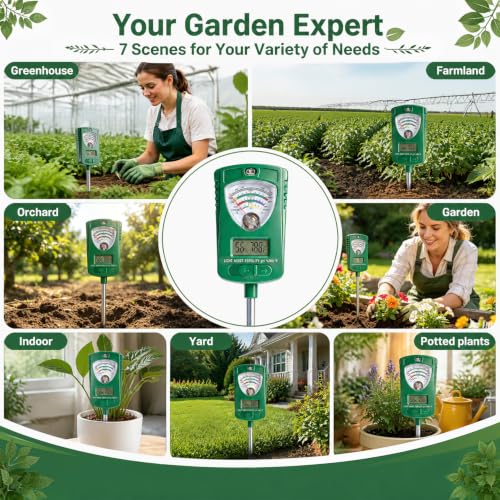 7-in-1 Soil Test Kit with 90° Rotatable Head, Soil Tester for Moisture/pH/Light Intensity/Fertility, Digital Screen for Soil & Air Temp/Humidity, Ideal for Garden, Lawn, Farm, Indoor/Outdoor Plants