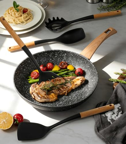 Large Silicone Kitchen Utensils Set with Holder, 25Pcs Cooking Utensil Set with Wooden Handle, Heat Resistant Spatula Sets for Cooking, BPA Free Silicone Utensils Set for Non-Stick Cookware(Black) - color: Black