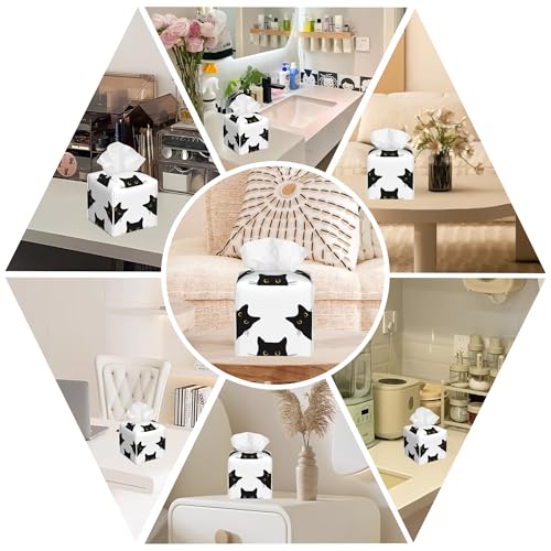 Black Cat Tissue Box Cover Square, Tissue Box Holder with Bottom Belt Leather Facial Paper Organizer Dispenser for Bathroom Bedroom Dresser Night Stand Tabletop - color: Black Cat