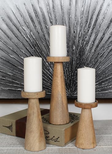 Set of 3 Pieces Wood Pillar Candle Holders, Mango Wooden Candlesticks Holders 12 Inch, 10 Inch, 8 Inch Height (Natural) - color: Natural