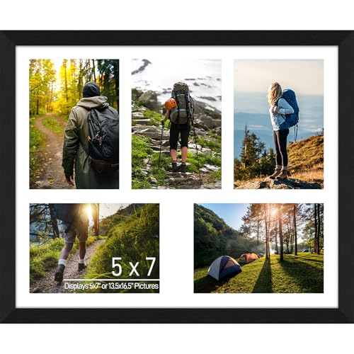 5x7 Picture Frame Collage 5 Openings, Black Wood Frame, White Mat | Holds 5 5x7 Photos, 13.5"x16.5" Multi Photo Collage Frame 5"x7" Wall Decor Wooden, Horizontal & Vertical, Wall Mount - color: Black Frame & White Mat, size: 5 Openings - 5x7