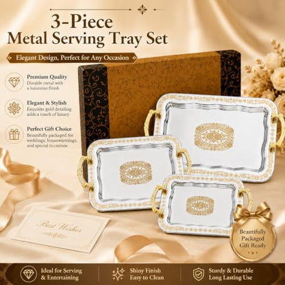 3 Pcs Silver Serving Trays with Handles | Metal Decorative Floral Rectangle Tray Set for Coffee Tea Dessert, Silver & Gold Platter for Buffet Wedding Home Decor
