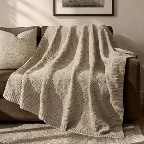 EVERGRACEHOME Modern Checkered Chenille Throw Blanket, 50x60, Sand Dune | Lightweight Warmth, All-Season Breathability, OEKO-TEX certified, Timeless Grid Pattern, Farmhouse Throw for Couch, Bed, Sofa - color: Sand Dune, size: 50" X 60"