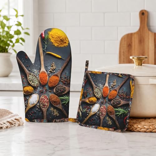 Various Spices and Herbs Heat-Resistant Oven Mitts and Pot Holder Kitchen Non-Slip Silicone Cooking Microwave Gloves for Cooking Baking Grilling - color: Various Spices and Herbs