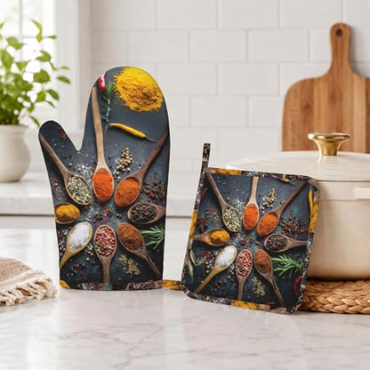 Various Spices and Herbs Heat-Resistant Oven Mitts and Pot Holder Kitchen Non-Slip Silicone Cooking Microwave Gloves for Cooking Baking Grilling - color: Various Spices and Herbs