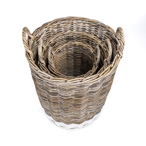 happimess Ternion 3-Piece Nesting Rattan Storage Baskets, Kubu Gray/White | Hand-Woven Wicker Containers With Handles, 27"H Two-Tone Cylindrical Bohemian Decor For Living Room Laundry Room Bedroom