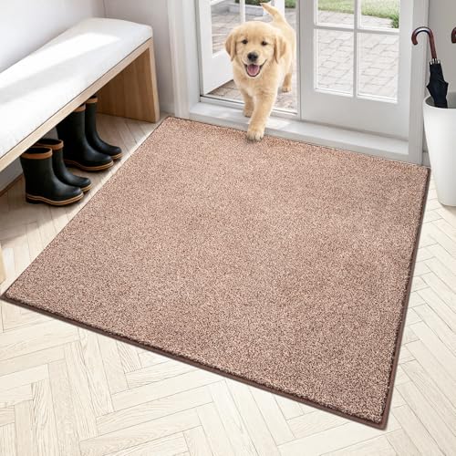 PURRUGS Area Rug, 48" x 48", Brown-Light Cream | Machine Washable, Non-Slip, Waterproof TPR Backing, Super Absorbent, Low Profile, For Living Room, Bedroom, and Mudroom - color: Brown-light Cream, size: 48" X 48"
