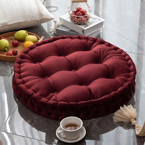 Round Floor Cushion 23.6 Inch Dutch Velvet Tufted Thick, Dark Red | Thick 2.8-Inch Support for Meditation & Yoga, Portable Handle for Living Room Balcony Dorm Tatami Reading Nook - color: Dark Red