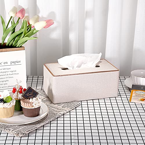 Sumnacon Rectangular Linen Tissue Box Cover - Stylish Tissue Box Holder with Magnetic Bottom, Decorative Tissue Box for Bathroom Toilet Vanity Night Stand Table Countertop Office, Beige Linen Texture | Decorative Tissue Box Cover Rectangular with Gold Gri