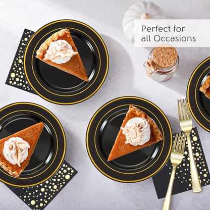 Black and Gold Dessert Plates Set, 100 Plates, Forks and Cocktail Napkins | Sturdy plastic, cake service, appetizer tables, salad course, weddings, graduations, easy cleanup - color: Black, style: Plates,Forks and Napkins