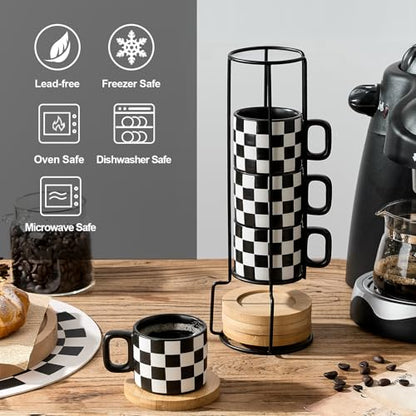 LUKA Porcelain Stackable Black and White Checkered Espresso Cups with Saucers and Metal Stand, 4 Ounce Small Ceramic Demitasse Cups Set for Coffee Drinks, Latte, Tea - Set of 4, Black Interior - color: 4BKG-Black & White