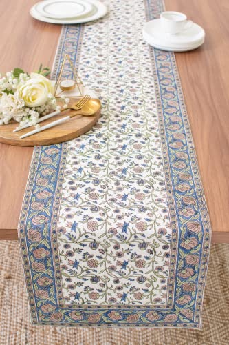 Midnight Blue Side Table Runners ( 100% Cotton, Floral Hand Block Print, 14x36 inch, Pack of 1) Fabric Lined | No Fray Edges | for Home, Kitchen, Dining Room, Holiday, Wedding Party Décor