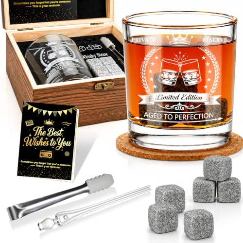 Birthday Gifts for Men - Vintage Whiskey Glass Set Birthday Party Supplies | Whiskey Stones, Pipette, Tongs & Coaster in Premium Wood Box, Unique Mens Gifts for Birthday, Boss, Him, Husband, Dad,Friends - style: Mens Gifts