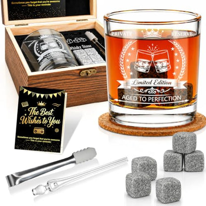 Birthday Gifts for Men - Vintage Whiskey Glass Set Birthday Party Supplies | Whiskey Stones, Pipette, Tongs & Coaster in Premium Wood Box, Unique Mens Gifts for Birthday, Boss, Him, Husband, Dad,Friends - style: Mens Gifts