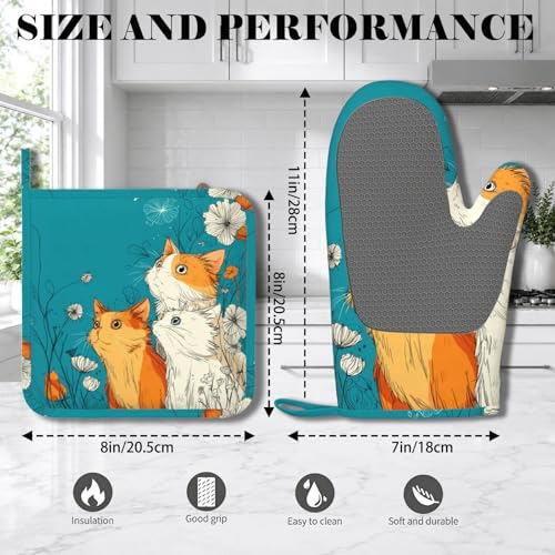 Cute Cat Kitten Oven Mitts and Pot Holders Sets Non-Slip Silicone Surface for BBQ Gloves,Kitchen,Cooking,Baking,Grilling - color: Cute Cat Kitten