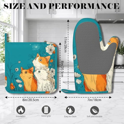 Cute Cat Kitten Oven Mitts and Pot Holders Sets Non-Slip Silicone Surface for BBQ Gloves,Kitchen,Cooking,Baking,Grilling - color: Cute Cat Kitten