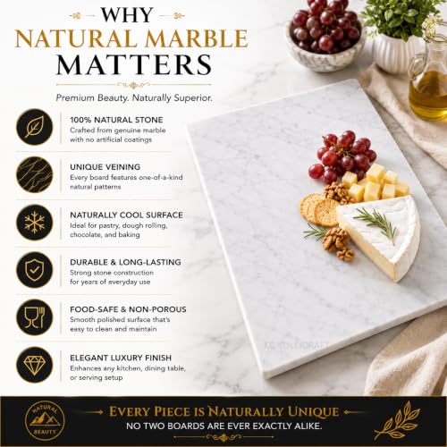Marble Pastry & Cutting Board, 10x14 Inch | Natural Stone Slab, Non-Slip Feet, For Dough, Cheese, Baking, Serving, Charcuterie, Trivet, Easy to Clean - color: White, size: 14"L x 10"W