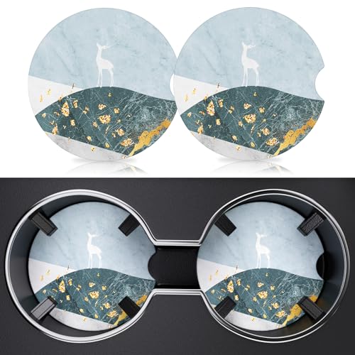2 Pack Car Cup Holder Coasters, 2.63 inch Anti Slip Insert Absorbent Ceramic Coasters with Cork Base and Finger Notch, Cute Car Accessories for Women - color: Deer