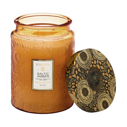 Voluspa Baltic Amber Large Scented Candle Jar 18 Oz, 100 Hr Burn | Coconut Wax Blend in Decorative Glass, Clean Even Burn, USA Handcrafted Gift for Hosts, Fragrance Lovers & Relaxed Rooms - color: 4 - Baltic Amber