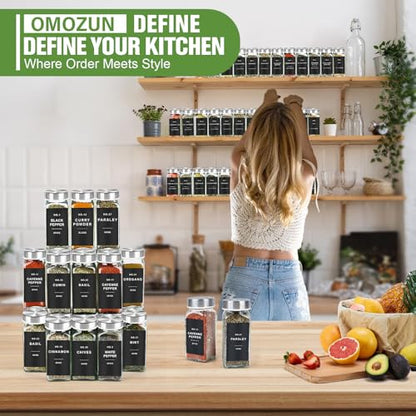 OMOZUNSpice Jars with Label, 24pcs 4oz Glass Jars with Stainless Steel Lids | Square Spice Containers with 304 Labels and Shaker Inserts, Empty Seasoning Bottles for Drawer, Cabinet, Seasoning Organizer - color: Stainless Steel Lid*24 Jars