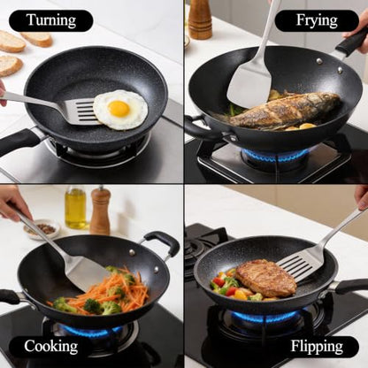 2PCS Stainless Steel Spatula Set, Solid & Slotted Turner | Heat Resistant, Heavy Duty Kitchen Utensils, Dishwasher Safe, For Flipping Fish Eggs Pancakes, Everyday Kitchen Cooking