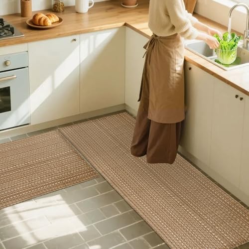 Tan Brown Faux Jute Braided Kitchen Rug Set 20"x30"+20"x48",Non Slip | Solid washable kitchen floor mats with non slip backing,easy to clean for indoor kitchen use - size: 1'8" x 4' (Rectangular)