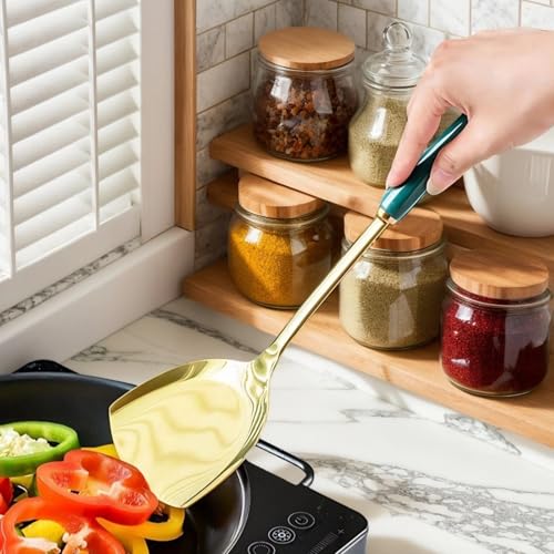 Stainless Steel Gold Kitchen Utensils Set with Holder, 7pcs Luxury Kitchen Accessories for Cooking Includes Soup Ladle, Metal Spatula, Slotted Spoon, Slotted Spatula, Pasta Spoon, Green & Gold - color: Green & Gold