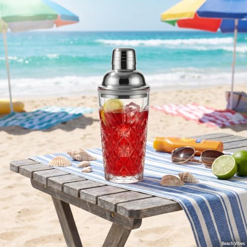 Elegant Glass Cocktail Shaker Set - Herringbone Design, 15oz Capacity, Leakproof Stainless Steel Top - Perfect for Bartending Enthusiasts - color: Herringbone Mixer