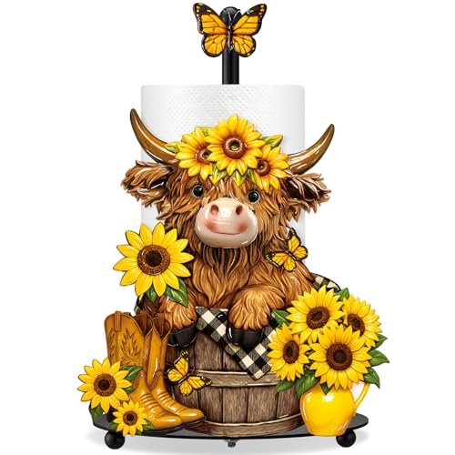 Summer Sunflower Highland Cow Paper Towel Holder Sunflower Floral Cattle Kitchen Bathroom Decor Farmhouse Metal Highland Cow Towel Holder Stand with Round Base for Home Countertop Accessories - style: Highland Cow