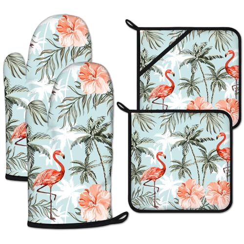Tropical Flamingo Palm Flower Oven Mitts and Pot Holders Set 4 Pcs Extra Long Heat Resistant Gloves Potholder for Baking, BBQ, Grilling - color: Flamingo