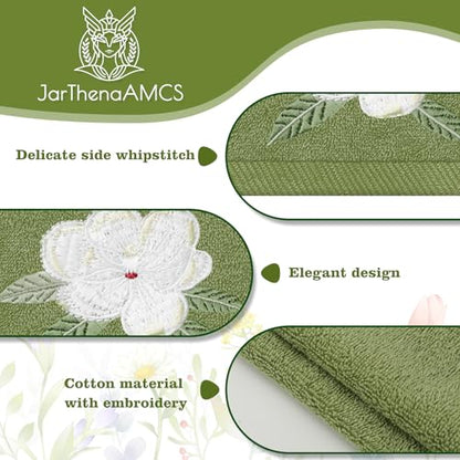 JarThenaAMCS 2 Pack Magnolia Hand Towels Nude Sage Green Flower Embroidered Cotton Dish Towel for Bathroom Hand Drying Kitchen Cleaning, 29.5 x 13.7 Inch