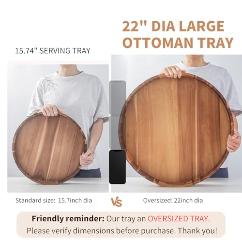 Large Ottoman Tray, 22" Big Ottoman Tray for Living Room, Large Serving Tray with Handles for Coffee Table Kitchen Counter,Great Round Wooden Trays with 4 Round Coasters for Appetizers, Dinner - color: 22" Round Tray W/ 4-coasters - Acacia