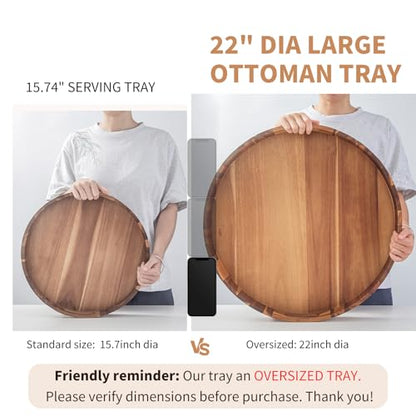 Large Ottoman Tray, 22" Big Ottoman Tray for Living Room, Large Serving Tray with Handles for Coffee Table Kitchen Counter,Great Round Wooden Trays with 4 Round Coasters for Appetizers, Dinner - color: 22" Round Tray W/ 4-coasters - Acacia