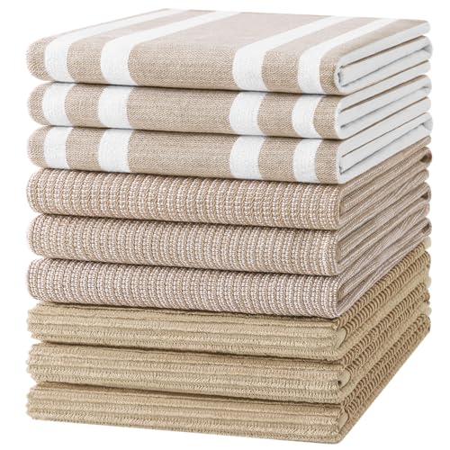 Homaxy Cotton 380 GSM Premium Kitchen Towels, 18"x 28", 9 Pack, Khaki | Soft and Absorbent Terry Dish Towels, Multipurpose Tea Towel Set with Hanging Loop, 3 Styles Kitchen Hand Towels - color: Khaki, size: 18" X 28" - 9 Pack