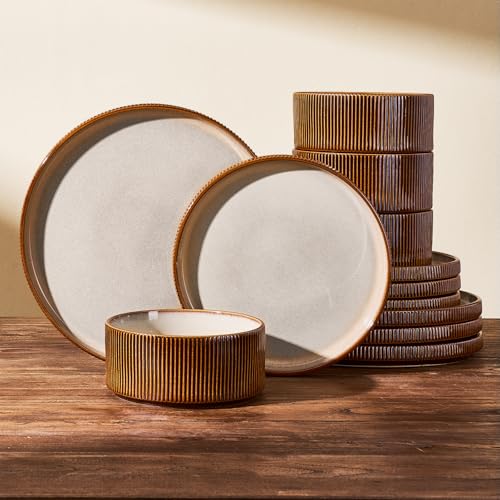 Stoneware Dinnerware Set for 4, Cream Brown Reactive Glaze | 12 pcs Ceramic Plates and Bowls, Handmade Ribbed Dishes, Everyday Use, Microwave & Dishwasher Safe, Chip & Scratch Resistant - color: Cream Brown, size: Service for 4 (12pc)