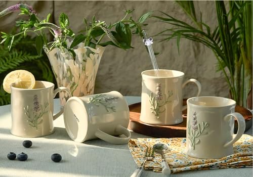 Artisanal Handcrafted Ceramic Mug with Sage Botanical Design - 10oz Off-White Stoneware Coffee Cup, Elegant Purple Sage Pattern, Dishwasher Safe, Comfort Grip Handle for Daily Use-4pack - color: Sage-4 Pack