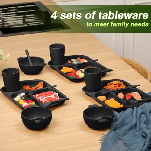Honoson 24 Pcs Wheat Straw Dinnerware Cutlery Set, Service for 4, Unbreakable Plates and Bowls Set - Divided Plates, Bowls, Spoons, Forks & Knives, Microwave & Dishwasher Safe(Black) - color: Black