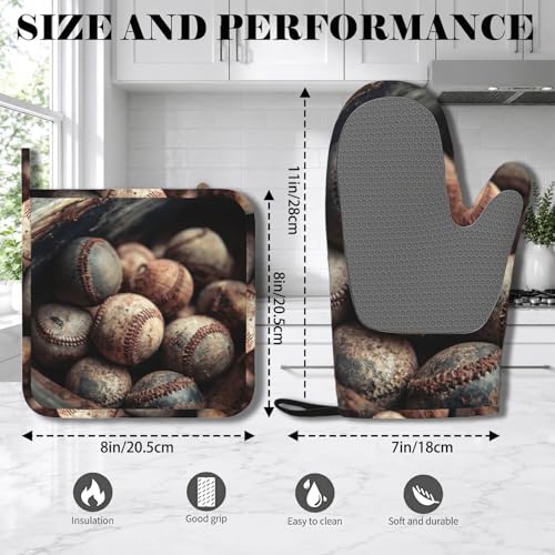 Baseball Heat-Resistant Oven Mitts and Pot Holder Kitchen Non-Slip Silicone Cooking Microwave Gloves for Cooking Baking Grilling - color: Baseball