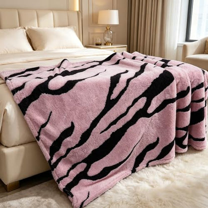 Zebra Printed Fleece Throw Blanket-Cozy Soft Lightweight Fuzzy Throw Blanket for Sofa, Couch, Bed & Chair,Black and Pink, 50" x 70" - color: Black and Pink