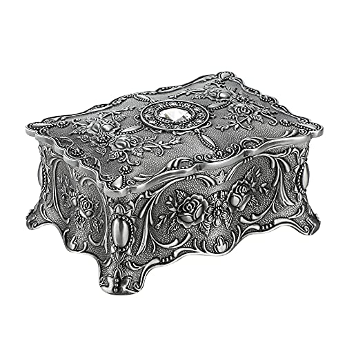 Hipiw Metal Jewelry Organizer Vintage Trinket Box for Women, 4.9"x3.4"x2.7" | Ornate Treasure Chest Box Jewelry Decorative box Keepsake Gift Box Case Birthday Christmas Gift - color: Metallic Grey, size: Medium