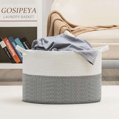 XXXLarge Woven Cotton Rope Basket (21.7" x 13.8") 90L – Blanket Basket for Living Room, Laundry Hamper, Baby Laundry Hamper, Toy Storage, Pillows & Cushions Organizer (White&Grey) - color: White&Grey