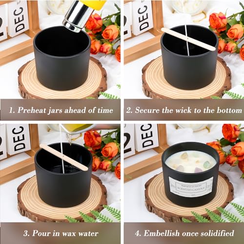 CONNOO 8 Pack 12 OZ Black Glass Wide Mouth Candle Jars | Airtight Bamboo Lids, Sticky Warning Labels, For Candle Making, Dishwasher Safe - color: Black
