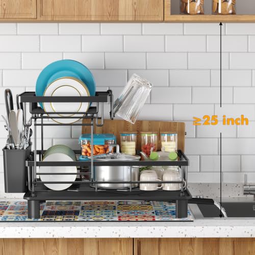 2 Tier Large Detachable Dish Drying Rack for Kitchen Counter,Black | Compact Drying Rack Kitchen, Rust-Resistant Dish Drainer Organizer, Space-Saving Dish Racks with Drainboard, Utensil Holder - color: 2 Tier-black
