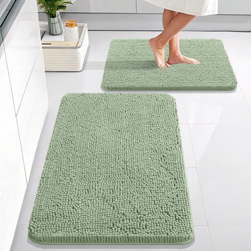 OLANLY Chenille Bath Mat and Bathroom Rugs Sets 2 Piece, Bath Mat Size 36x24 and Bathroom Rugs Sets Size 30x20+24x16 in Sage Green, 3 Item Bundle
