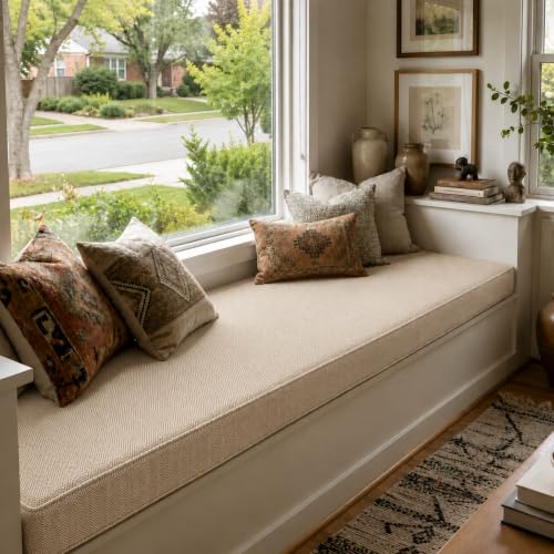 Custom Size Bench Cushion for Indoor/Outdoor Furniture, Window Seat & Bay Window Cushion, Thick 75D High-Density Foam, Scratch-Resistant Fabric, Secure Non-Slip Bottom, Beige - color: Herringbone Weave-beige