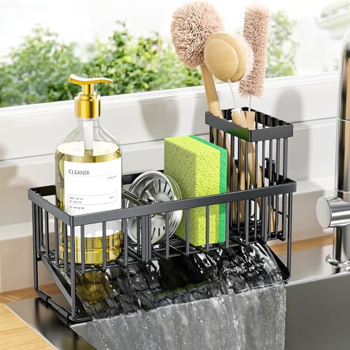 Cisily Sink Caddy Sponge Holder for Kitchen with Brush Holder and Stainless Steel Self Drain Tray, Rustproof Kitchen Sink Organizer for Sponge, Soap Dispenser Storage Accessories - color: Black, size: 9.25″